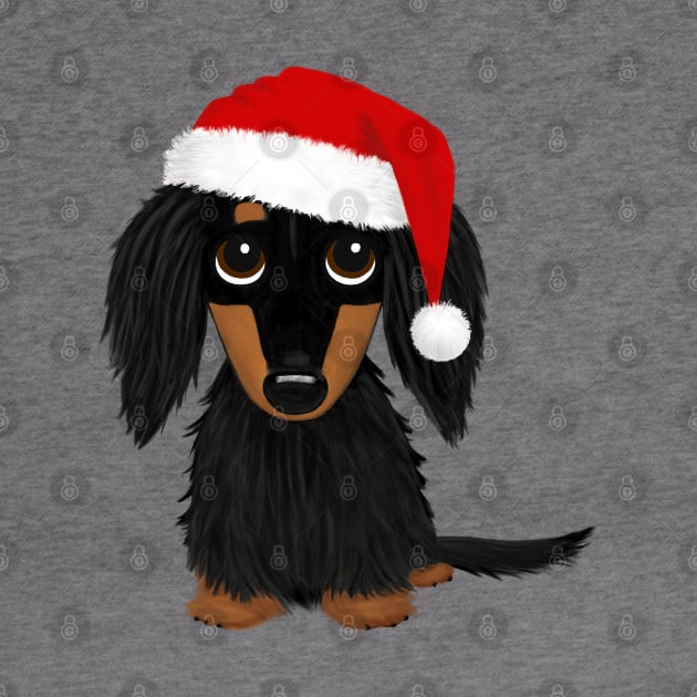 Longhaired Black and Tan Dachshund with Santa Hat Cute Christmas Dog by Coffee Squirrel